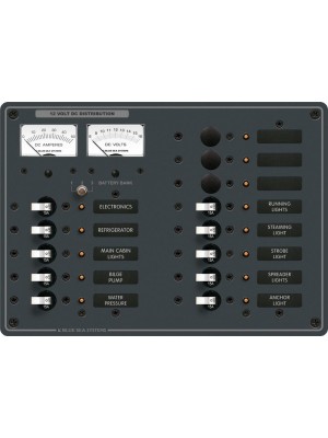 Blue Sea Systems DC 13 pozisyonlu sigorta paneli (3 pozisyon boş). 12V DC. 191x267 mm. 30 adet DC Etiket.
