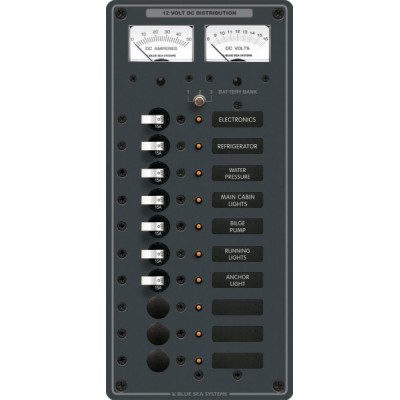 Blue Sea Systems DC 10 pozisyonlu sigorta paneli (3 pozisyon boş). 12V DC. 286x133mm. 30 adet DC Etiket.
