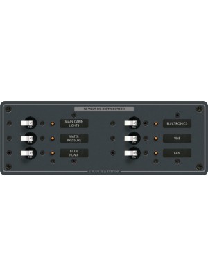 Blue Sea Systems DC 6 pozisyonlu sigorta paneli. 12V DC. 95x267mm. 30 adet DC Etiket. 6 adet 15A otomatik sigorta.