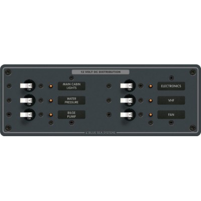 Blue Sea Systems DC 6 pozisyonlu sigorta paneli. 12V DC. 95x267mm. 30 adet DC Etiket. 6 adet 15A otomatik sigorta.