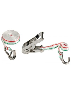 Kayışlı gergi. Kayış güçlendirilmiş polyester, gergi mekanizması ve kanca paslanmaz çeliktir.