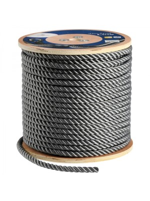 3 kollu, &ouml;rg&uuml;l&uuml; polyester halat. Bağlama ve demir halatı olarak kullanılabilir. Batar. <br />
Gri